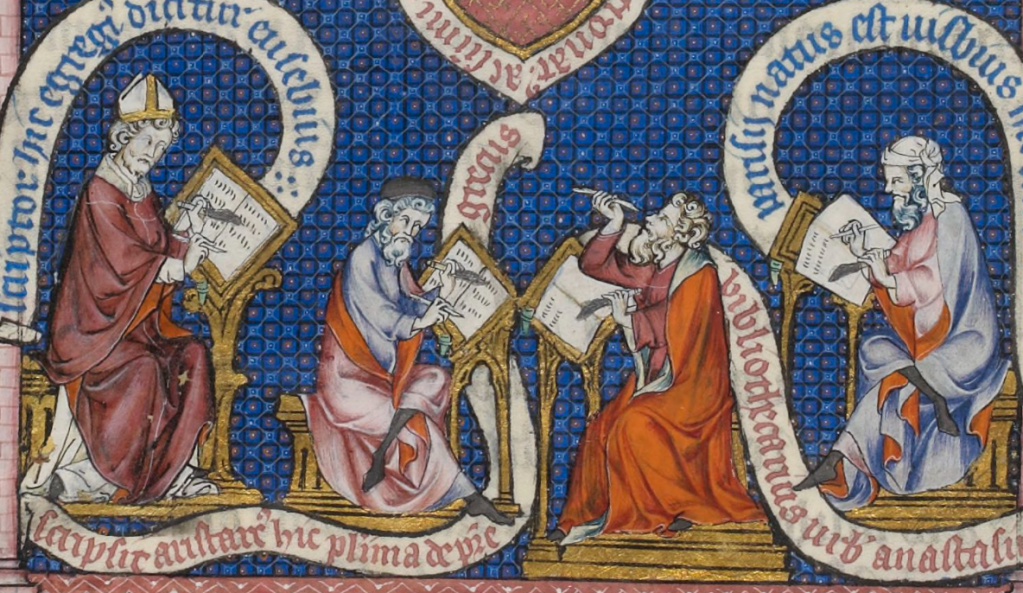 Medieval manuscript image of four men at desks writing manuscripts, using quills and pen knives; a scroll with Latin writing weaves around them.