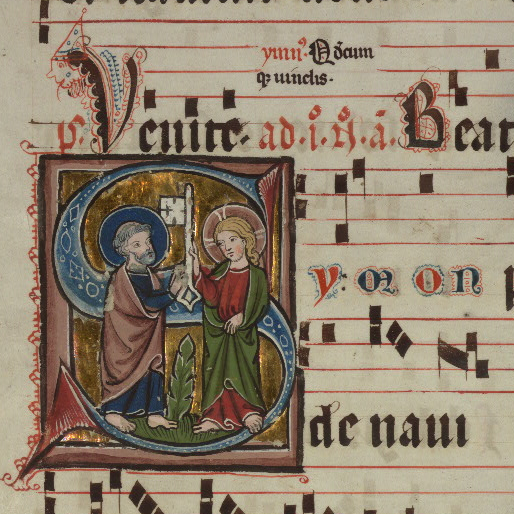 Musical notation from a medieval manuscript with Latin lyrics and an historiated initial S depicting Christ giving St Peter a large key.