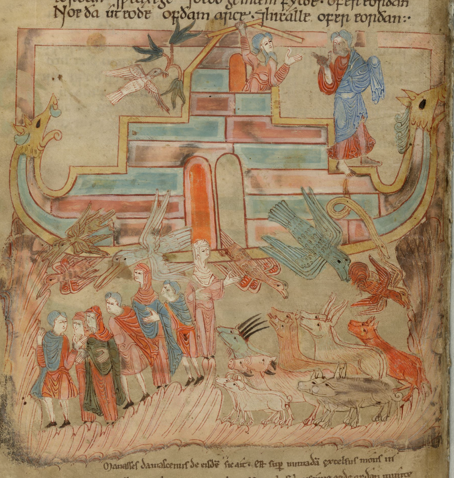 Medieval manuscript image of Noah’s ark with dragon-headed stern and prow, with people and various pairs of birds and beasts exiting; a dove bears a branch and flies towards a man on the boat.
