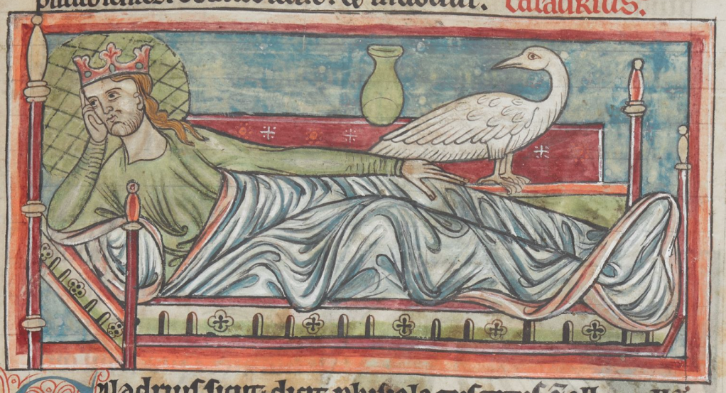 Medieval manuscript image of a crowned man ensconced in a bed, head propped up with one arm, covered in a blanket; a large white bird perches on his bed and looks at him.