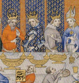 Medieval manuscript illustration of three men in gold crowns and one in a mitre sitting at a table spread with a white tablecloth and laden with luxurious golden dishes.