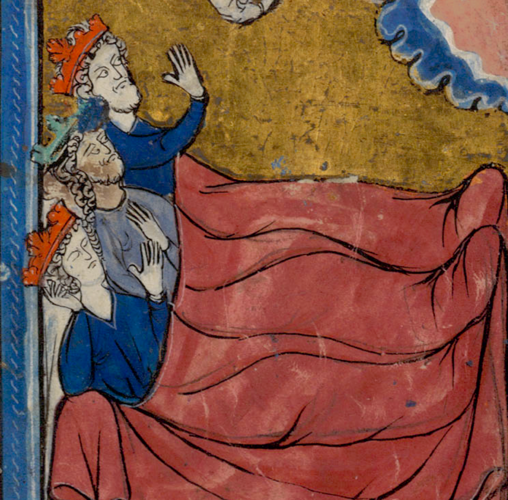 Medieval manuscript illustration of three kings wearing crowns lying side by side in bed under a red blanket; the one closest to the viewer is asleep, but the other two are awake, the farthest away one raising his hand before him.