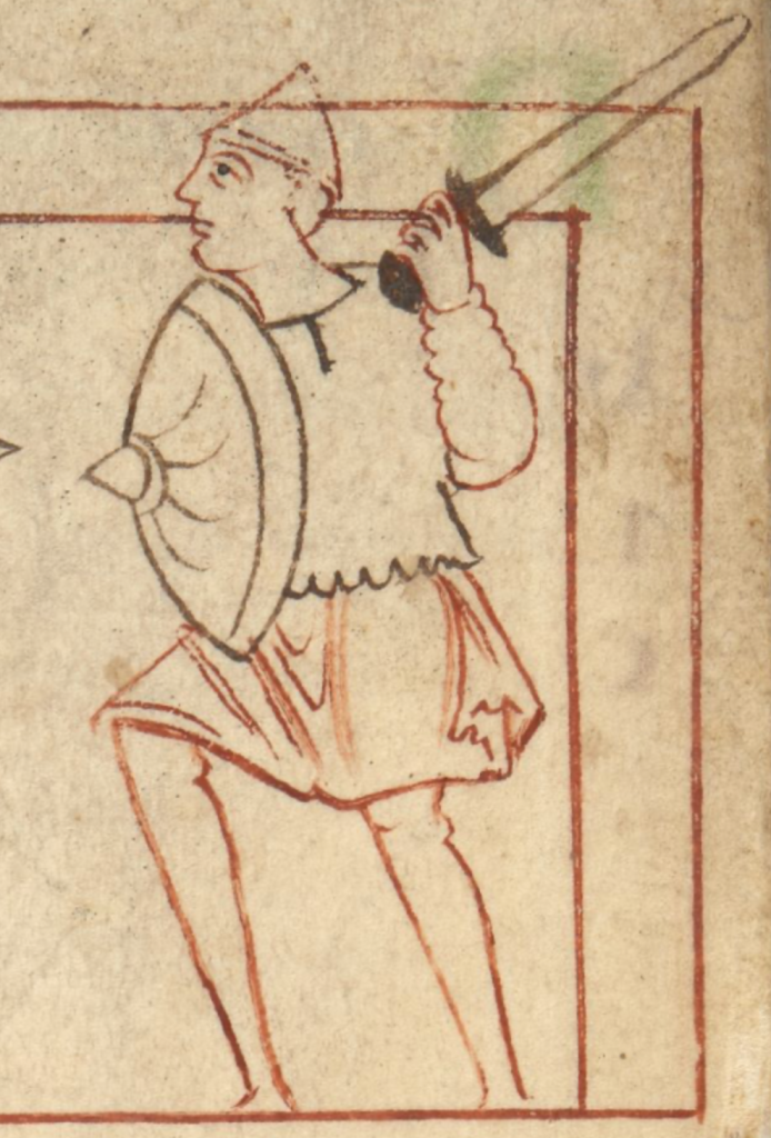 Medieval manuscript illustration of a man in a knee-length skirt, long-sleeved coat and pointed helmet; he brandishes a sword in his left hand and holds a shield in his right.