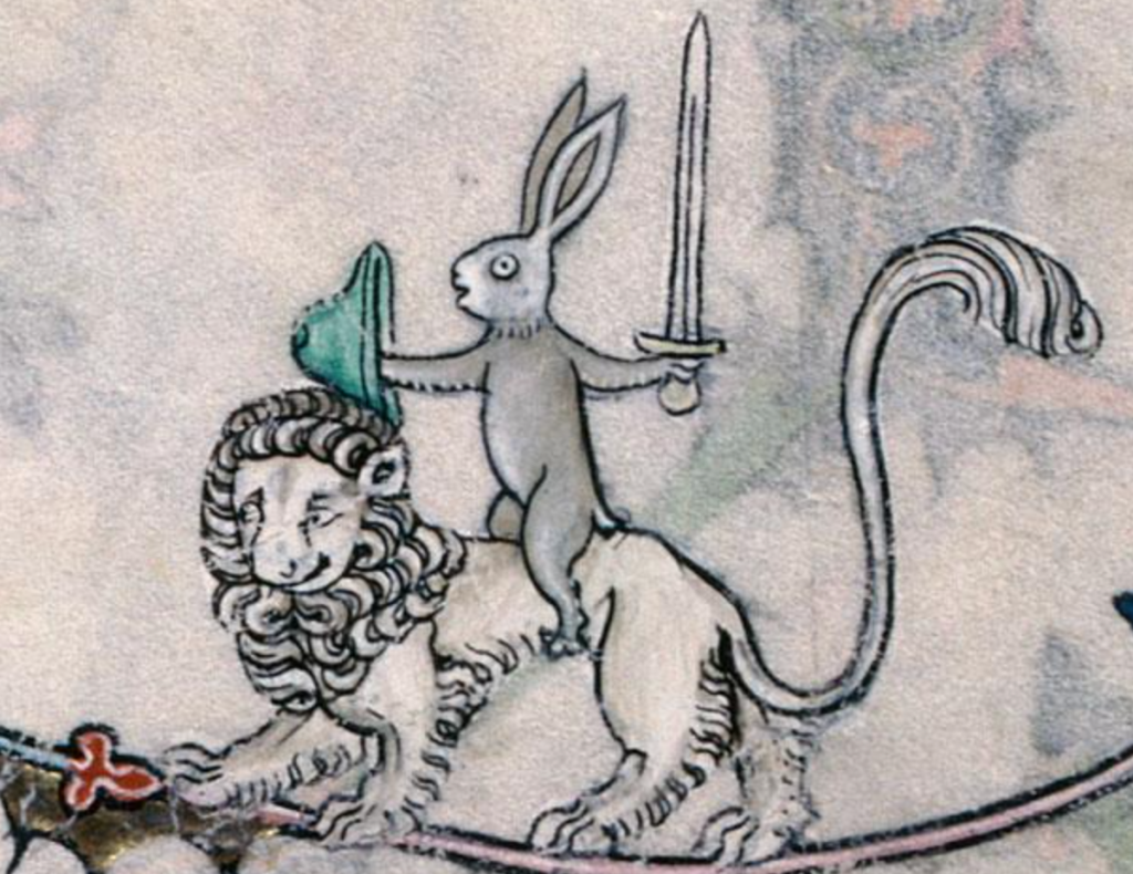 Medieval manuscript image of a rabbit bearing a shield and sword sitting astride a curly-maned lion.