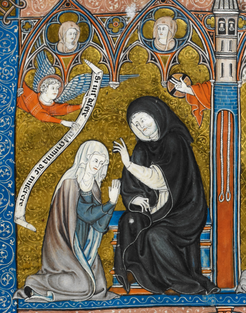 Medieval manuscript image of a white-veiled nun on her knees, hands clasped together as she confesses to a monk in a black habit; an angel holding a scroll watches on the left, and a hand making a gesture of blessing reaches out from the right.