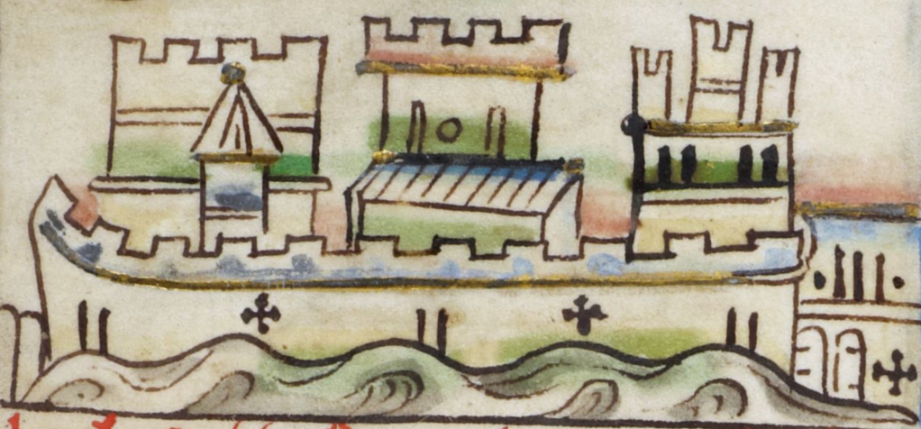 Medieval manuscript image of a castle with crenellated towers and surrounding wall, drawn in black ink with decorative highlights in pink, blue, green and gold.