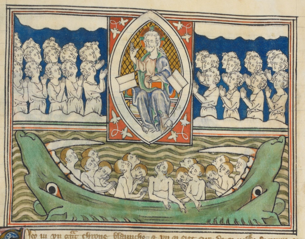 Medieval manuscript image of God enthroned in a mandorla with books on either side of him; outside the mandorla are worshippers; below God is a toothy hell-mouth gaping open with souls suffering within.