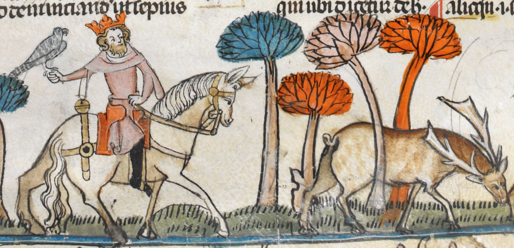 Medieval manuscript image of a king mounted on a horse with a hawk perched on his right hand; a stag is eating the grass in front of him unaware of his presence.