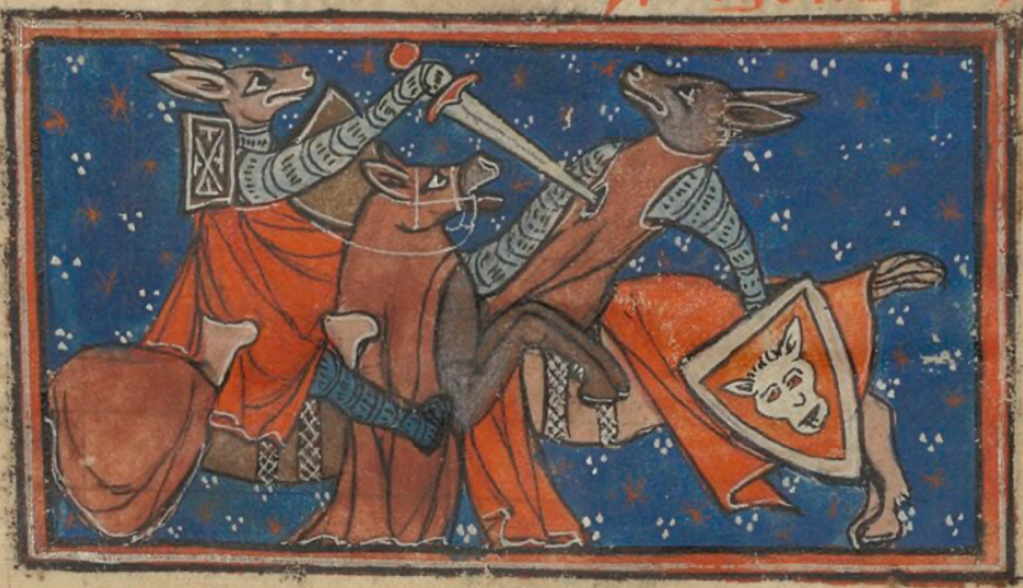 Medieval manuscript image of two foxes dressed as knights fighting on horseback; the sword of the one on the left pierces the chest of the one on the right.
