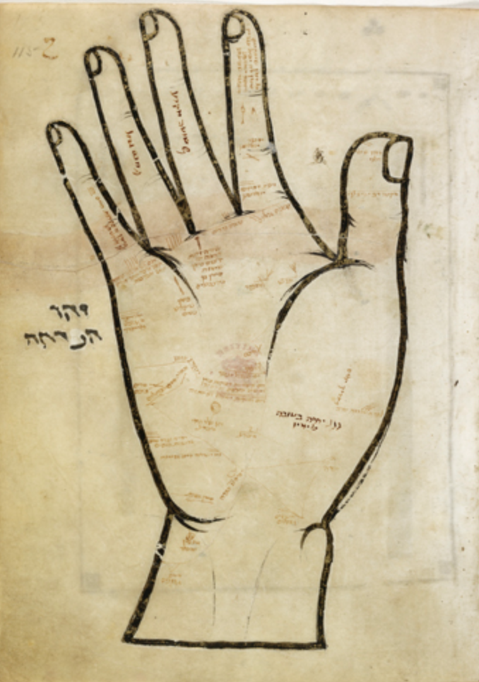 Medieval manuscript image of the outline of a right hand, palm facing out, with Hebrew writing on various parts of the palm, fingers and wrist.