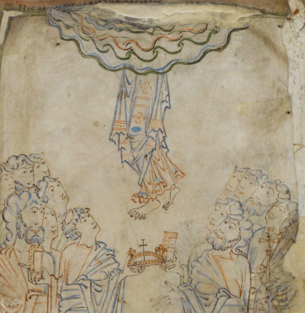 Medieval manuscript image of the lower half of a person’s body visible in the sky above, with the upper half disappearing into the clouds; on either side below are groups of men who gaze upwards at the miracle.