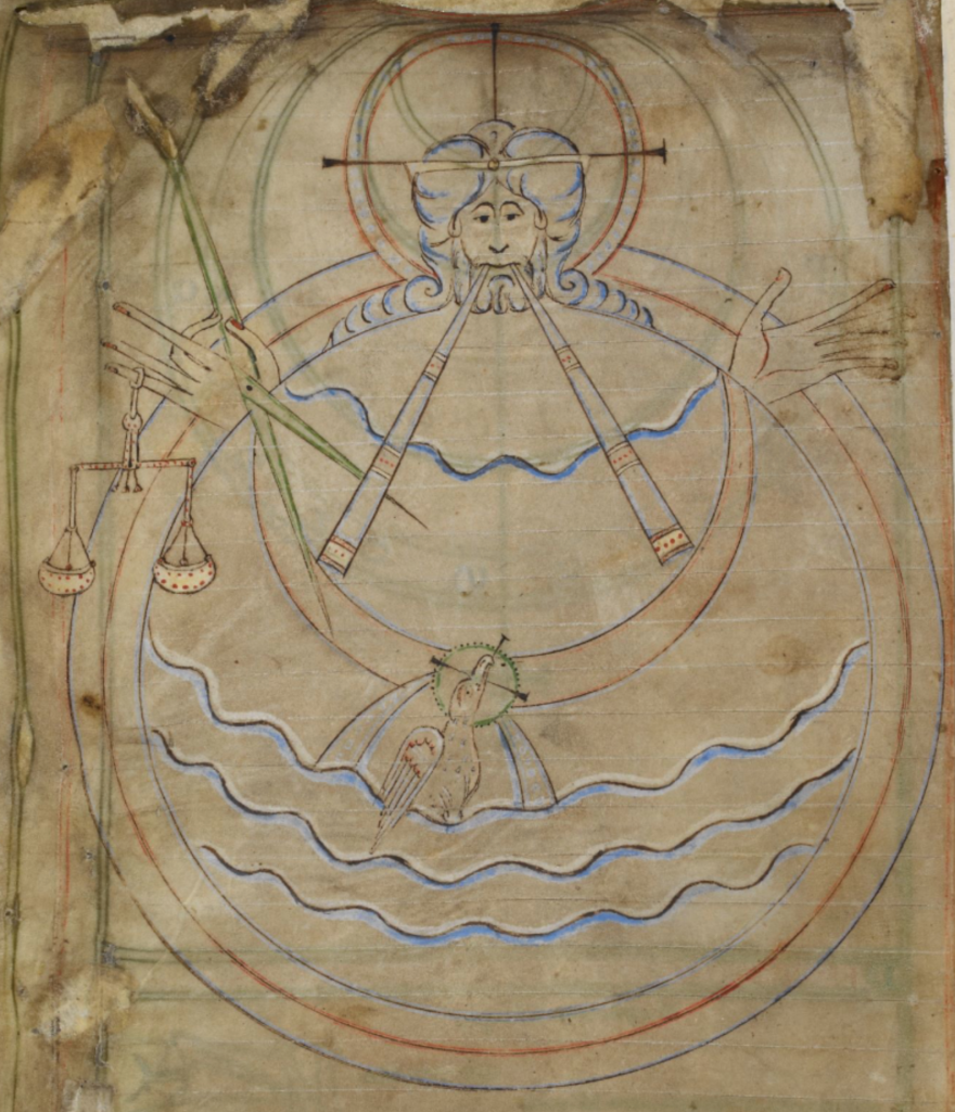 Medieval manuscript image of God creating the earth, with a compass and scales in one hand and two rods extending from his mouth; the earth is depicted as two concentric circles with waves and a haloed bird.