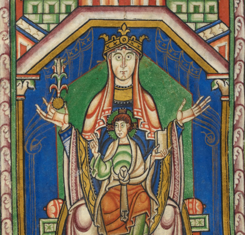 Medieval manuscript image of the Virgin Mary crowned and seated upon a throne with a haloed Christ child on her lap; in the woman’s right hand is a gold ball with a plant-like growth coming out of it; they sit within a frame of a colourful architectural structure with gold curtains behind them.