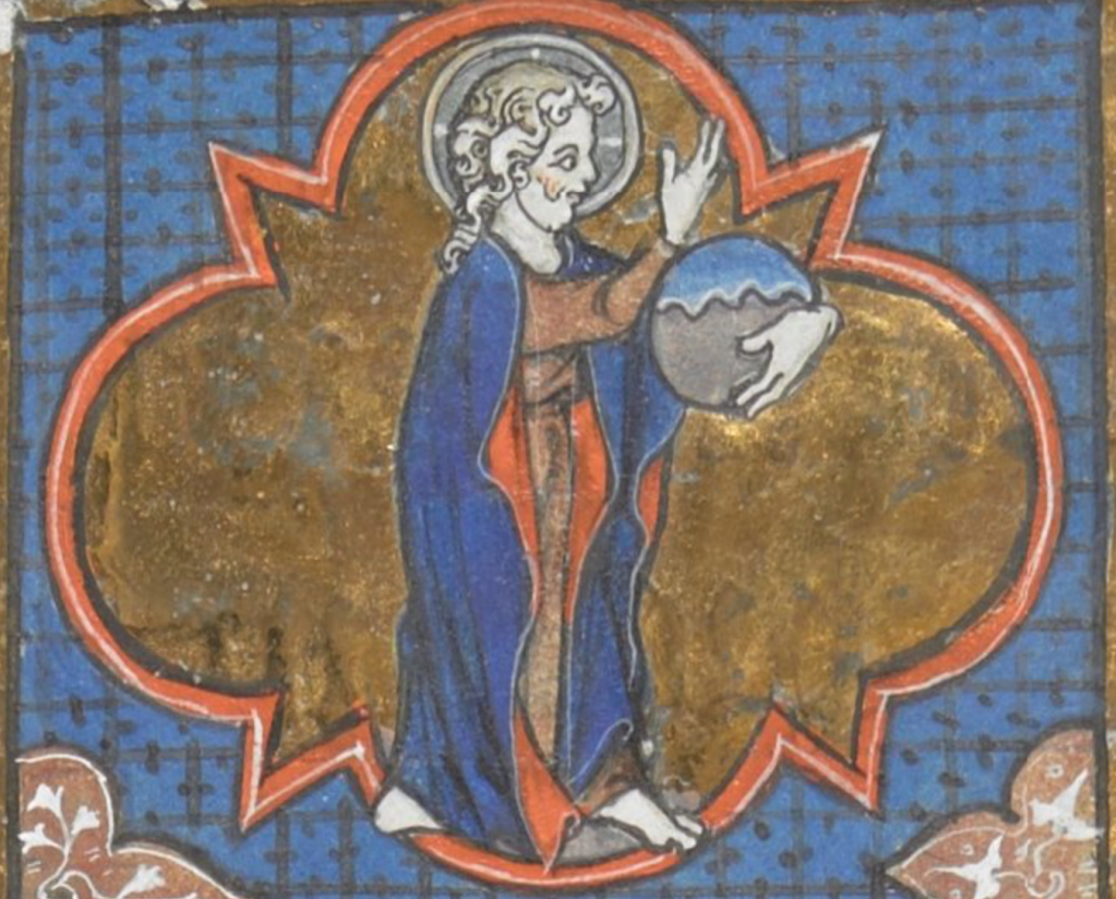 Medieval manuscript image of a curly-haired, haloed God creating the world which he cradles in one arm.