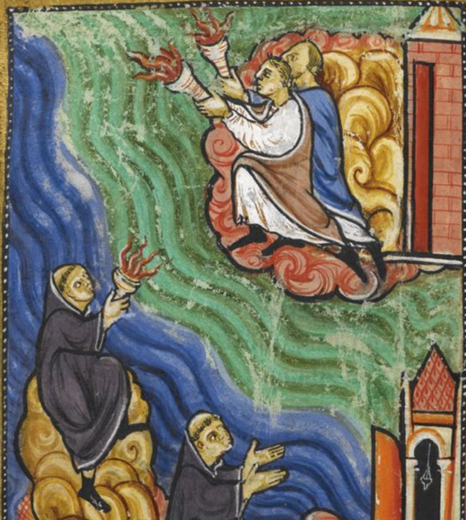 Medieval manuscript image of monks signalling to each other with torches across a body of water.