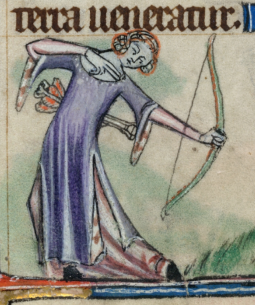 Medieval manuscript image of a woman with Princess Leia hair and a long gown with her arm drawn back, having just released an arrow from the bow in her left hand; she carries more arrows on her back.